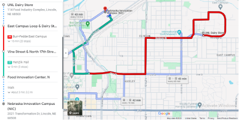 East campus to Nebraska Innovation Campus bus route.