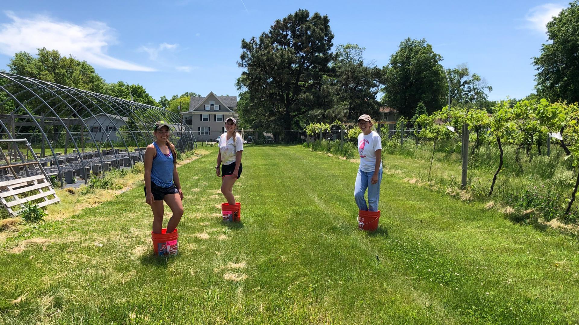 Alyssa Kuhn, left, agronomy and horticulture master’s student, and animal science master's students Morgan Grabau and Kallie Calus