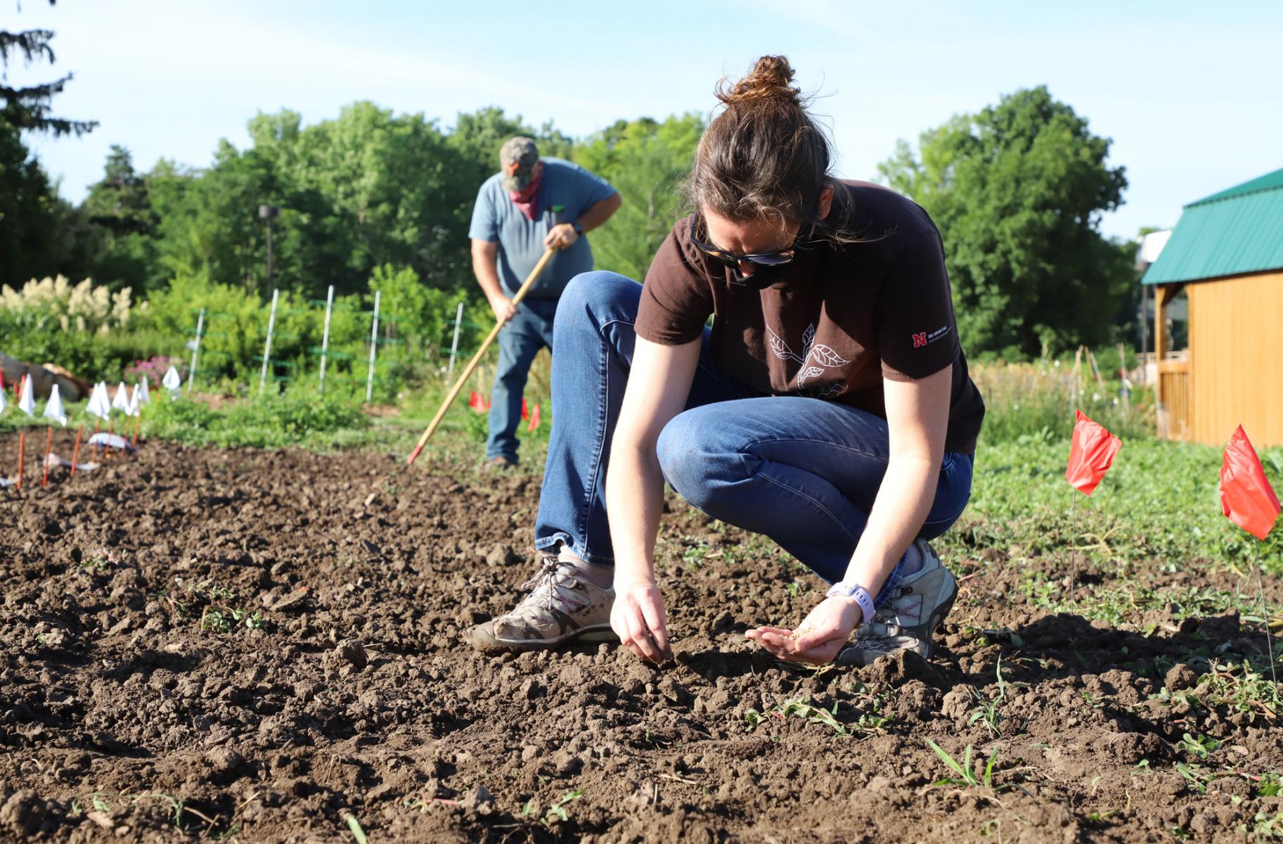 Meghan Sindelar and Tom Galusha plant crops in the UNL teaching garden 