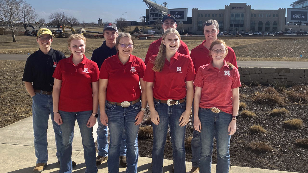 2022 Crops Judging Team members include Sarina Janssen (front row, from left), Katie Steffen, Kailey Ziegler, and Maggie Walker, and Dan Frey (back row, from left), Will Stalder, Korbin Kudera and Nathan Donoghue. 