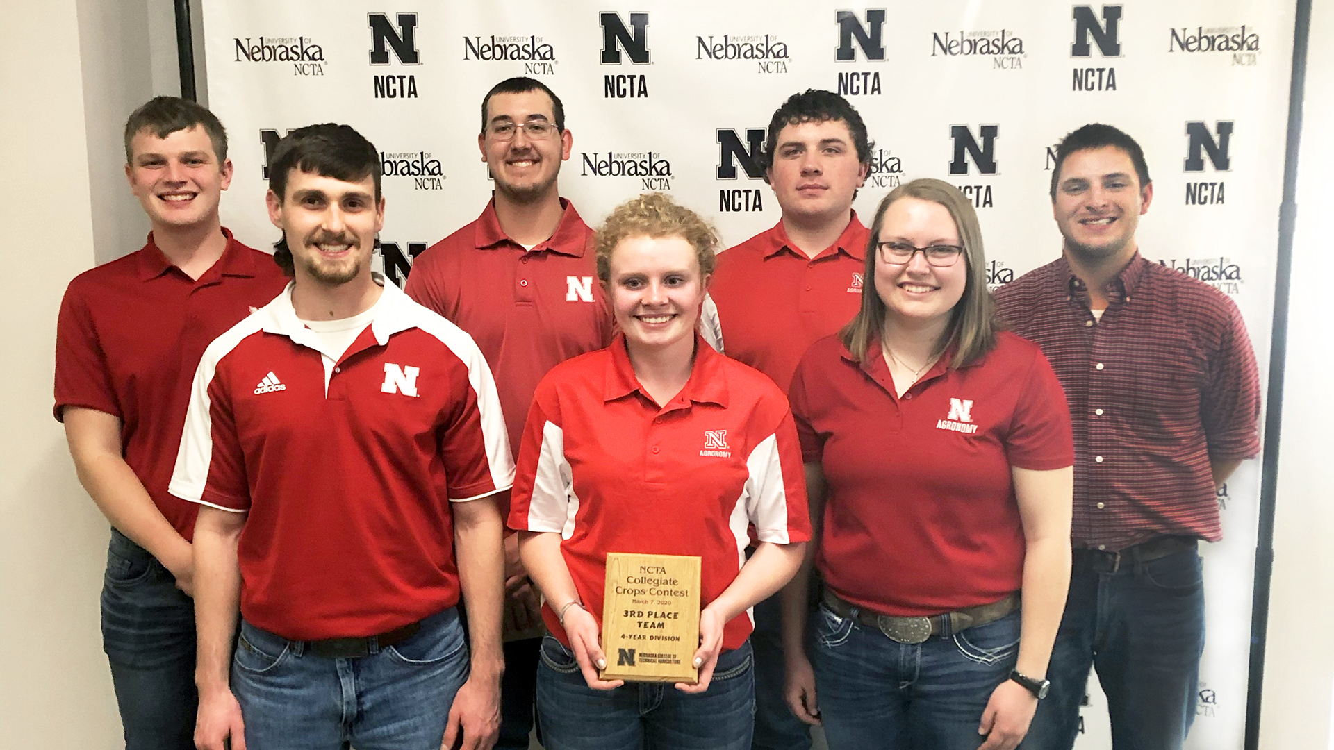 The University of Nebraska–Lincoln Crops Judging Team places third overall in the four-year division at the NCTA Collegiate Crops Contest March 7 in Curtis, Nebraska. The team includes Jared Stander (from left), Justin Zoucha, Korbin Kudera, Sarina Janssen, Jacob Vallery, Katie Jo Steffen and Adam Stiegel, team coach.