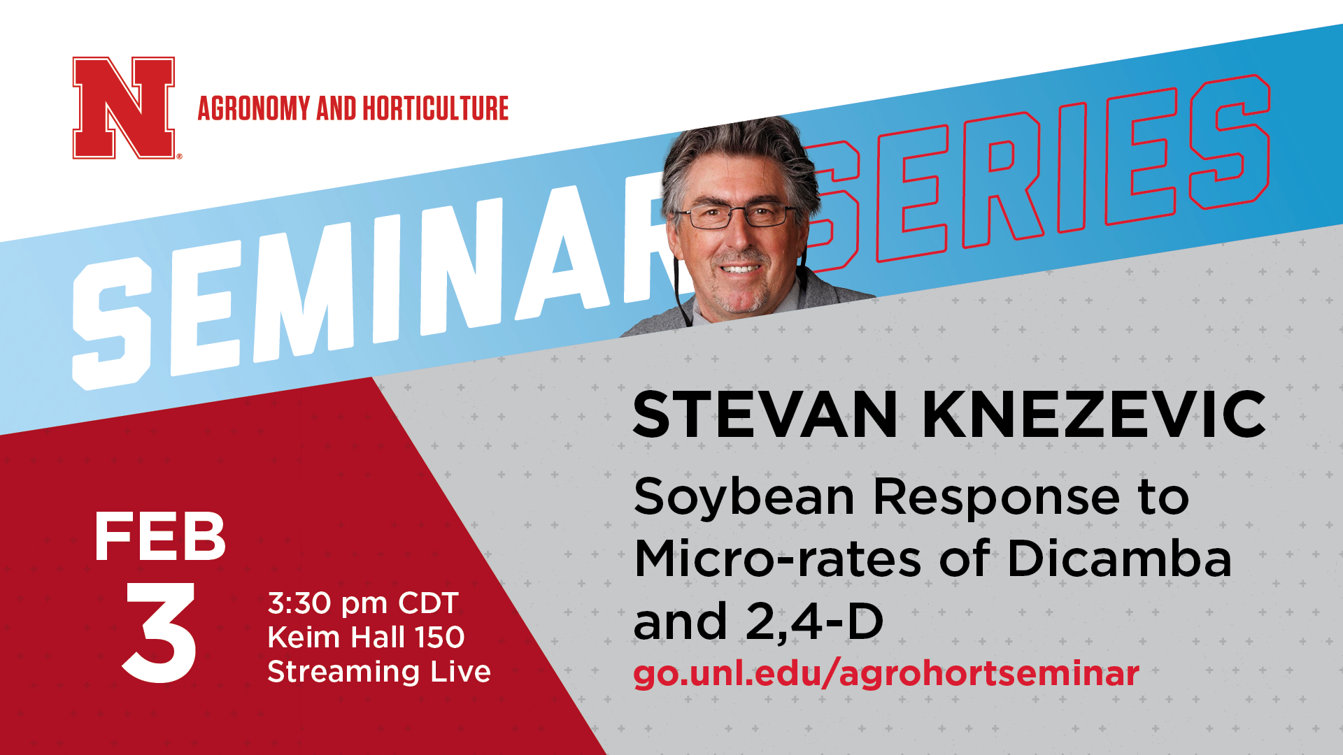 The spring Agronomy and Horticulture seminar series begins with “Soybean Response to Micro-rates of Dicamba and 2,4-D” presented by Nebraska’s Stevan Knezevic on Feb. 3.