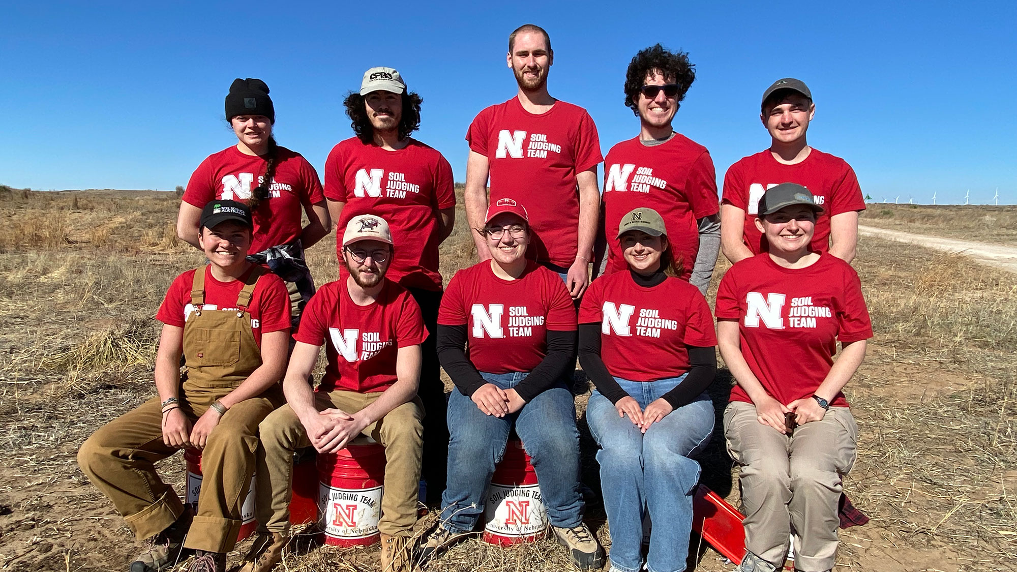 The University of Nebraska–Lincoln Soil Judging Team places fourth overall at the National Collegiate Soil Judging Contest hosted by Oklahoma State University on March 31 near Woodward, Oklahoma. Team members are Stephanie Kluthe, (back row, from left) Sean Glasshoff, Mason Rutgers, Johnathan Kelly, Jack Krebs, Will Hernandez (front row, from left), Mason Schumacher, Charlotte Brockman, Julianna Cañedo and Rachel Clarkson.