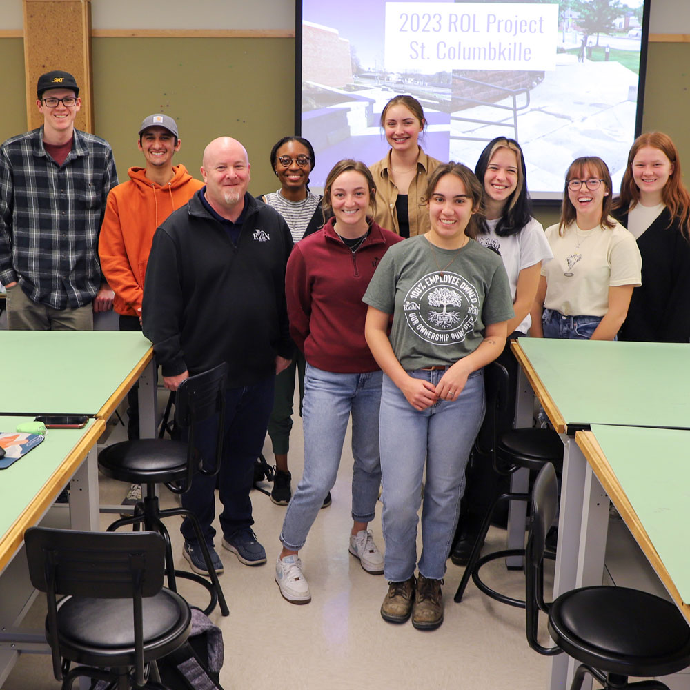 Matt McMaster (front row, from left), Emilie Steinhuer and Sage Eckard from Ryan Lawn Omaha visited PLAS 469 Ecological Landscape Design class to share current projects and work experiences and to promote their internships and employment opportunities. 