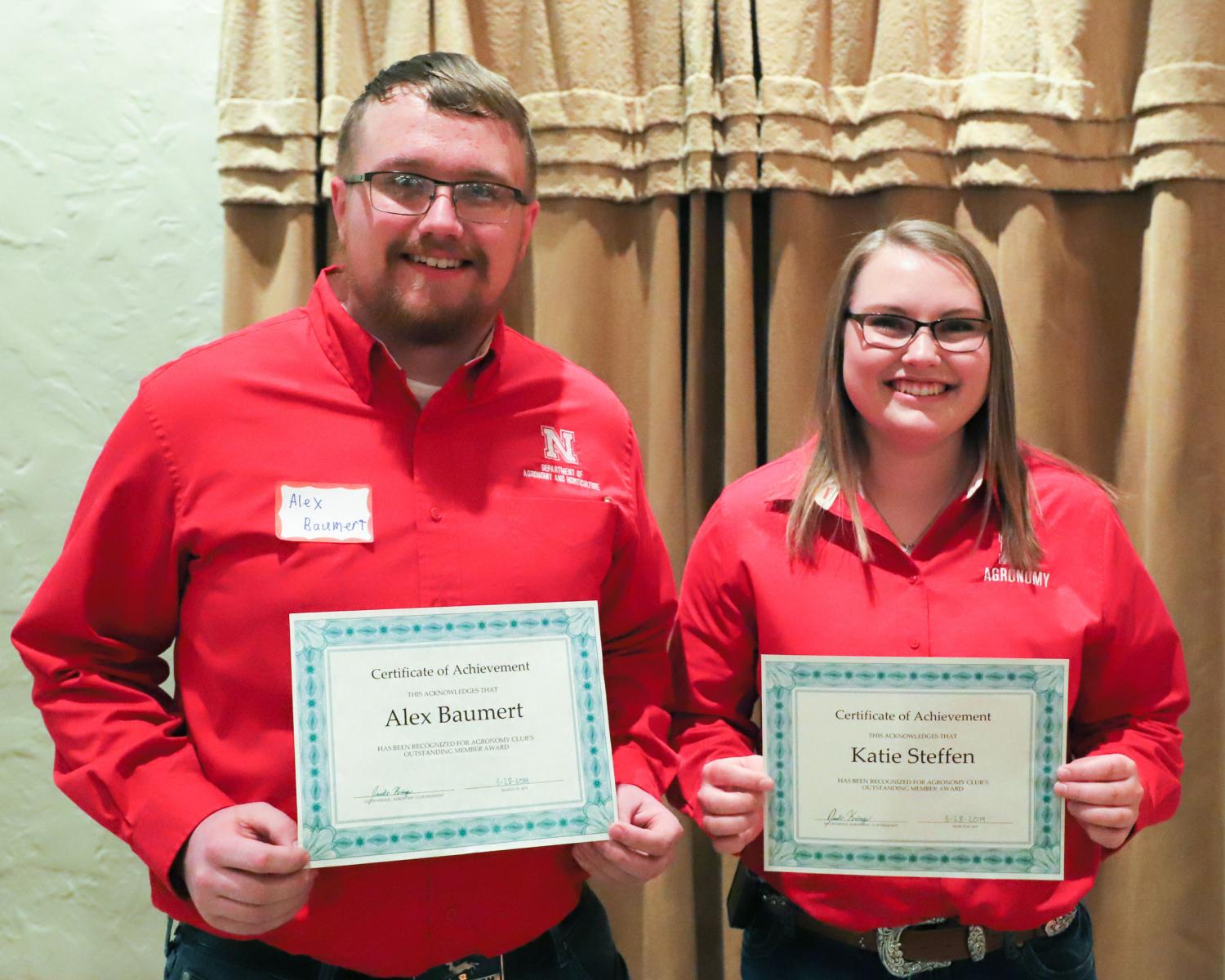 Alex Baumert, left, and Katie Steffen received Agronomy Club Outstanding Student Member awards.