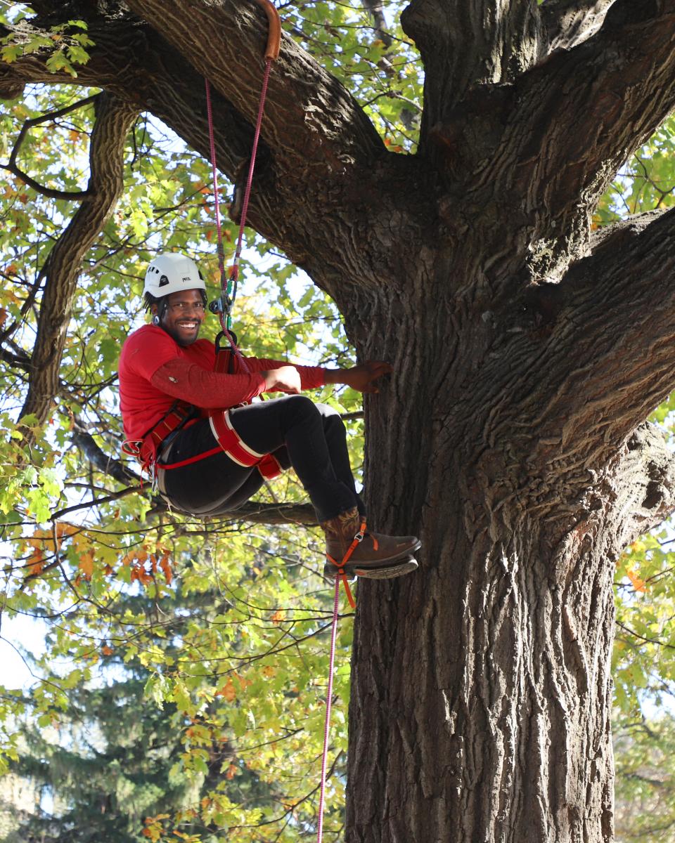 Tai Pleasant climbs East Campus tree