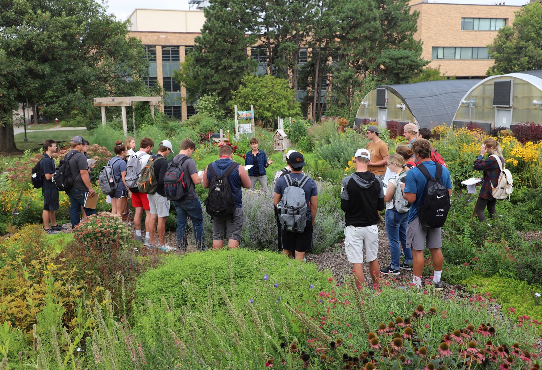 Kim Todd, Department of Agronomy and Horticulture associate professor and extension horticulture specialist, teaches Horticulture 212 Woody Plants for Landscapes class in the Backyard Farmer Garden east of Keim Hall.