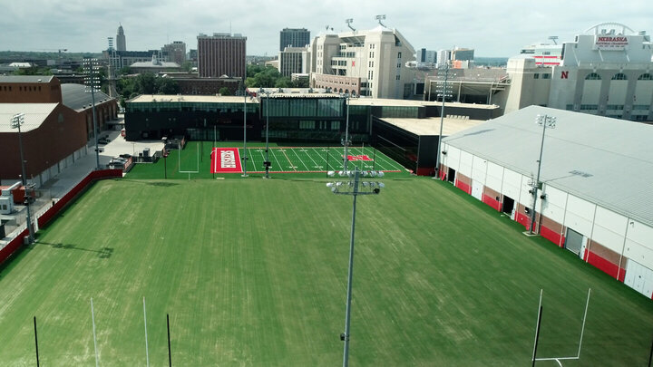 Aerial of Nebraska Football Practice Fields freshly sodded with Bermudagrass.