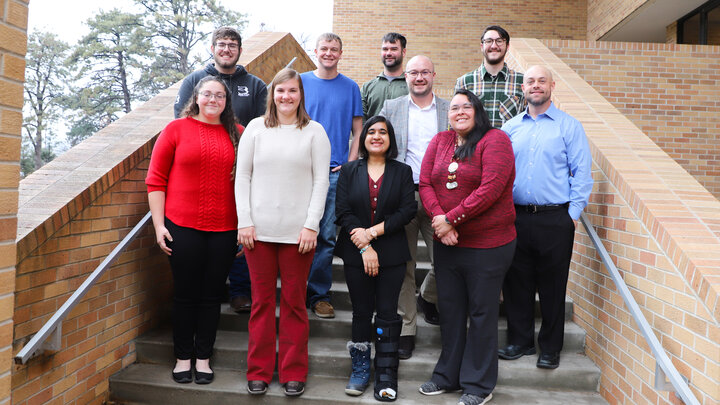 Students who attended the department reception included Seth Brewer, (back row, left), Matt Mittman, Nicholas Kinzer, Milos Zaric, Jacob Hillis, Lance Gunderson, Emily Hanson, (front row, left), Brinn Space, Ramandeep Kaur and Kahheetah Barnoskie. 