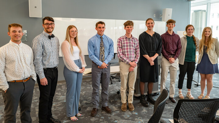 Newest Alpha Gamma Chapter inductees pose with past officers. From left are Jacob Hillis, Nathan Starr, Sam Berghuis, Thomas Henry, Willis Hanneman, Elaina Madison, Ridge Gersberger, Katrina Webster and Emma Kuss.  | Photo courtesy of Luqi Li 