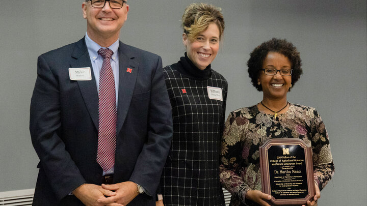 IANR Vice Chancellor Michael Boehm, left, CASNR Dean Tiffany Heng-Moss and Martha Mamo.