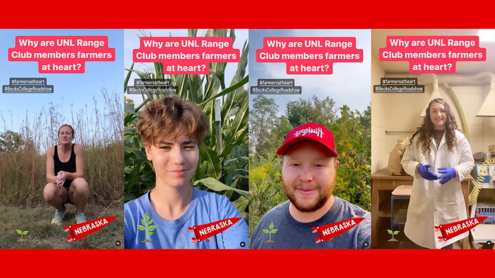 Range Management Club members Sheridan Wilson (from left), Lydia Regier, Jacob VanDress and Sadie Ference explain why âWeâre all farmers at heartâ in an Instagram Reel produced by the club for Beckâs/U.S. Farm Report social media contest held at Nebraska Sept. 15.