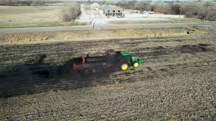 Biochar is applied to 16 acres of farmland in northeast Lincoln with a manure spreader, during University of NebraskaâLincoln research trials in April. Photo by Ann Powers| Agronomy and Horticulture