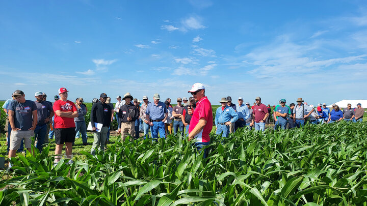 Alex Chmielewski presents research on the integrated management of volunteer corn in corn.