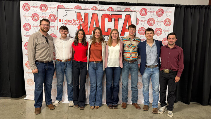 UNL Crops Judging Team coach Garrett Kuss stands with members (from left) Xavier Ettwein, Gabrielle Clifton, Maddie Weber, Abby Frank, Clinton Turnbull, Alex Banzhaf and Ryan Groff.