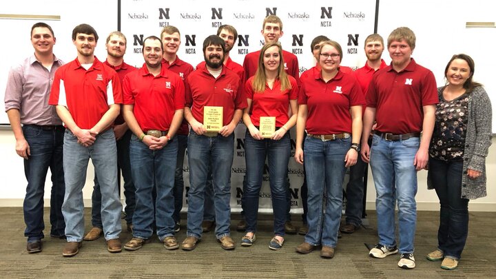 The University of Nebraska–Lincoln Crops Judging Team includes Justin Zoucha (front row, from left), Dalton Johnson, Rodger Farr, Samantha Teten, Katie Jo Steffen, Luke Welborn, Coach Elizabeth Christenson, Coach Adam Striegel (back row, from left), Aaron Doxson, Jarad Stander, Kolby Grint, Chad Lammers, Caleb Eckel and Alec Meyer.