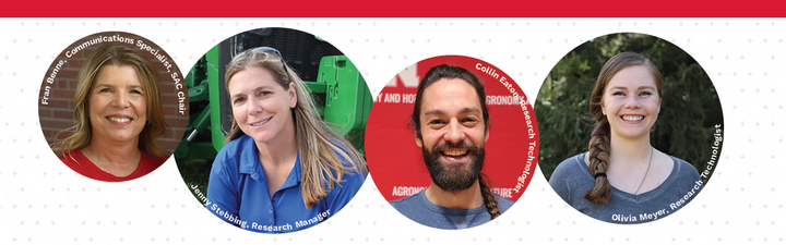 All-staff engagement meeting with photos of speakers: Fran Benne, Collin Eaton, Jenny Stebbing, Olivia Meyer.