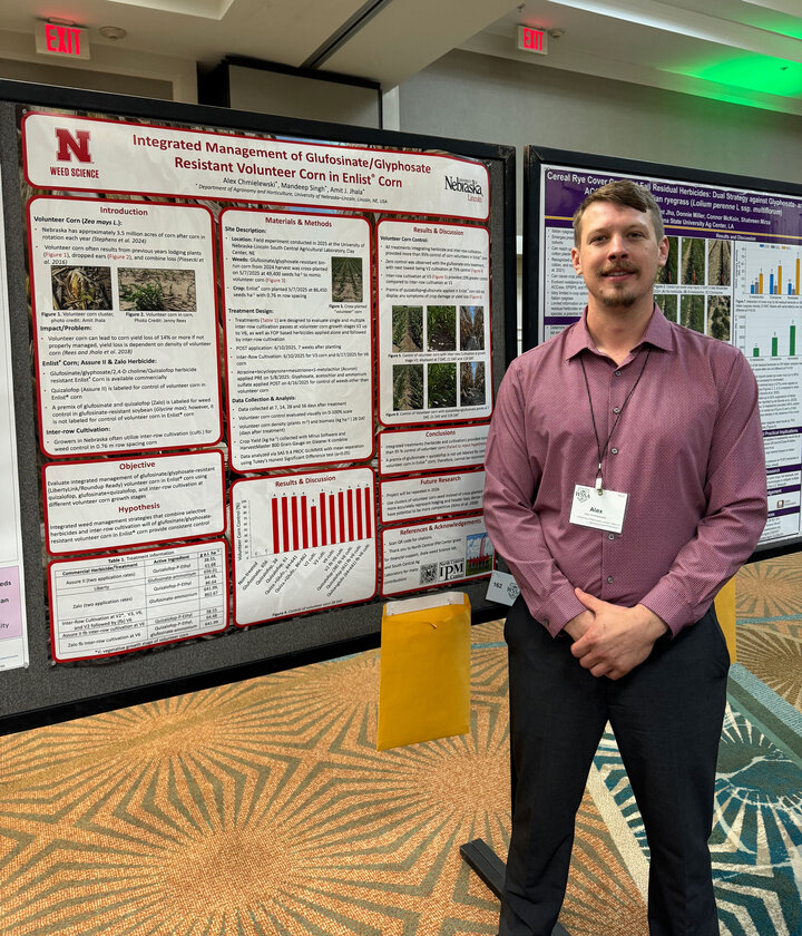 Alex Chmielewski, an agronomy and horticulture master's student, presents his poster on Rapidicil® at the 2026 Weed Science Society of America meeting.