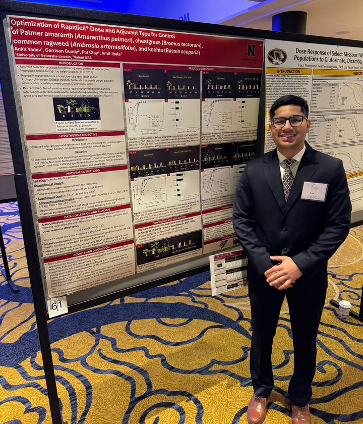 Ankit Yadav, an agronomy and horticulture doctoral student, presents his poster on Rapidicil® at the 2026 Weed Science Society of America meeting.