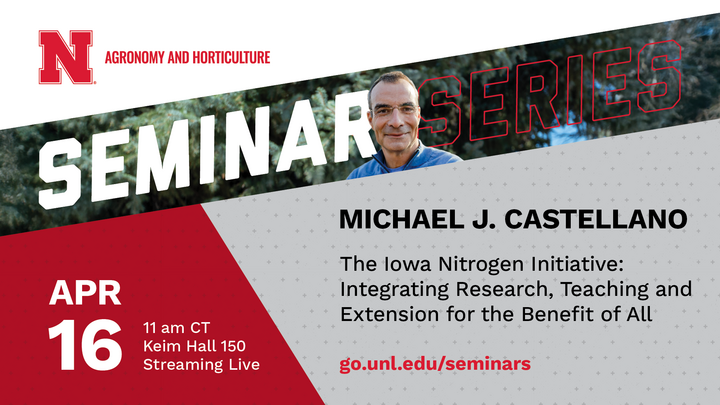 A graphic promoting Michael J. Castellano's seminar on April 16th, a part of the Department of Agronomy and Horticulture's seminar series