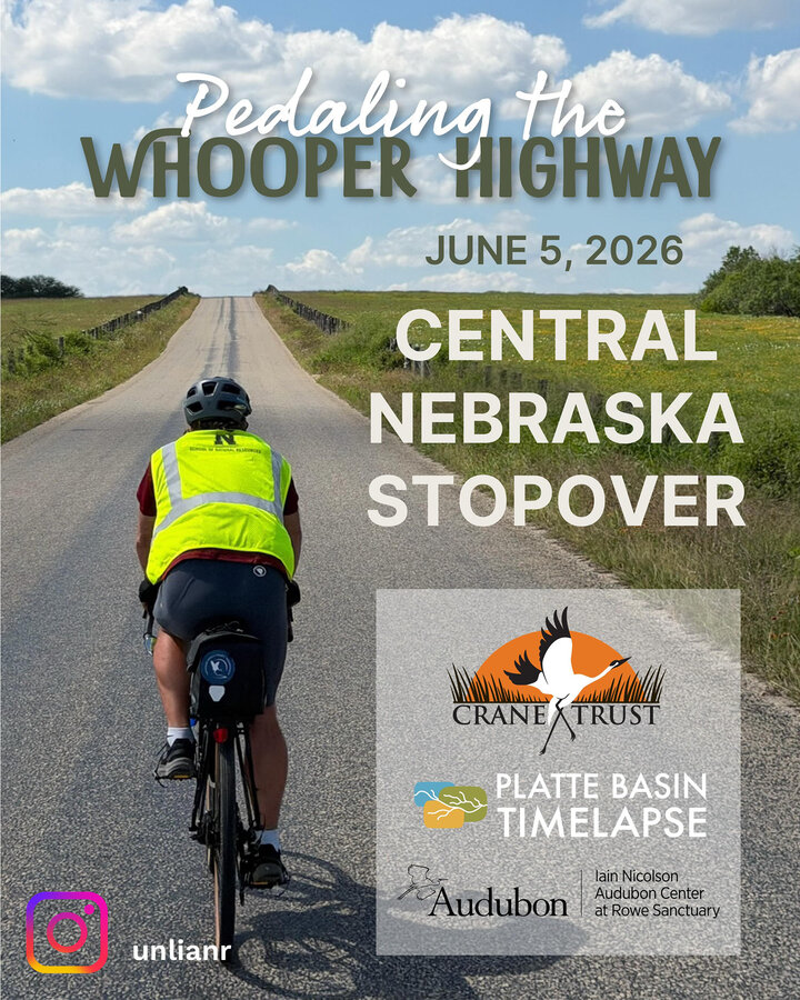 Biker on highway, Pedaling the Whooping Highway June 10-15 CENTRAL NEBRASKA STOPOVER, logo artwork
