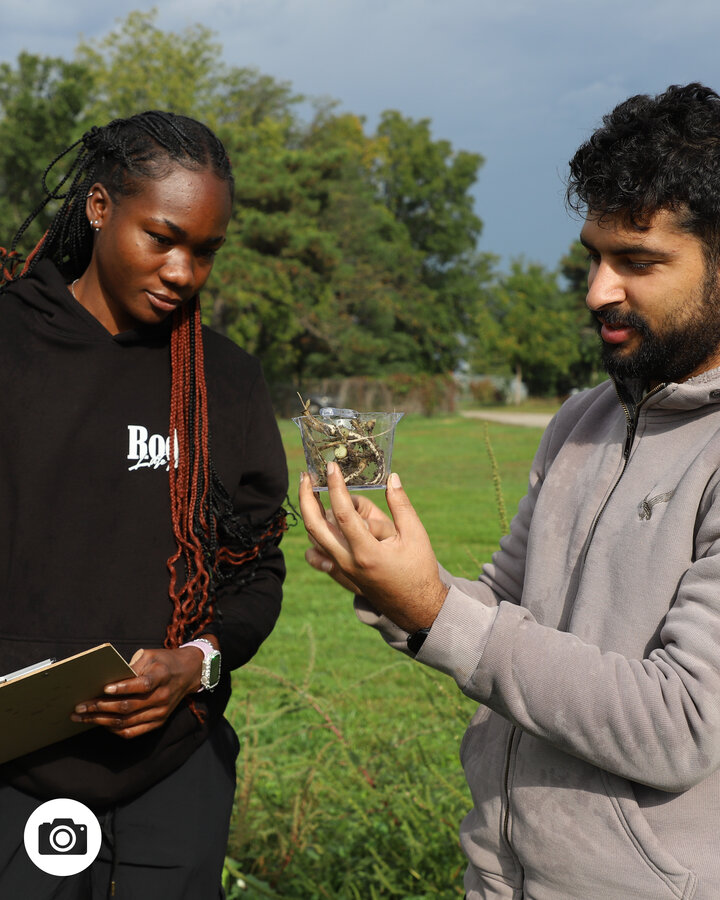 Graduate students Rhianna Phipps (left) and Samundra Sigdel dig up their cover crops during Cover Crops in Agroecosystems class on East Campus in October. The course explores the management, environmental, economic and social considerations of cover crops across diverse ag production systems and regions.
