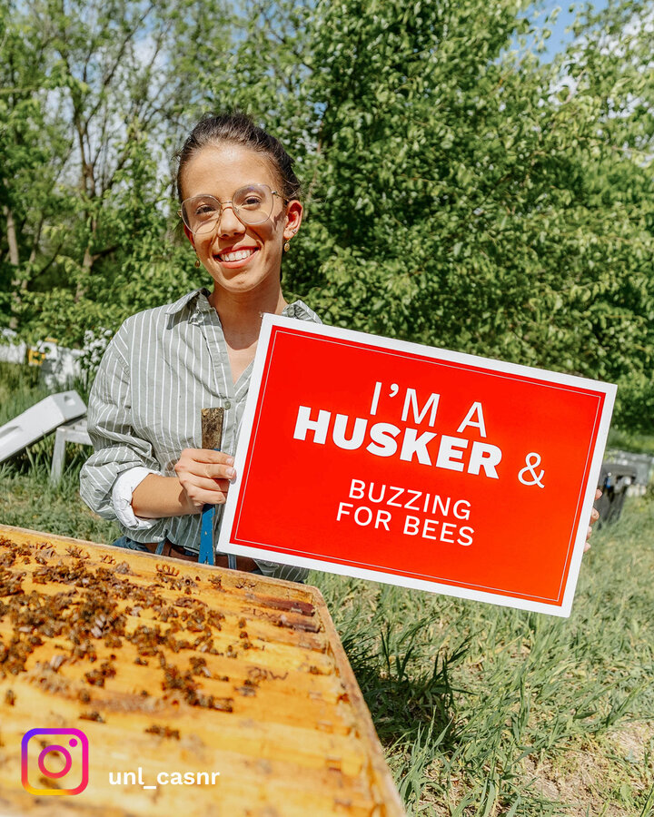 Woman standing with bees.