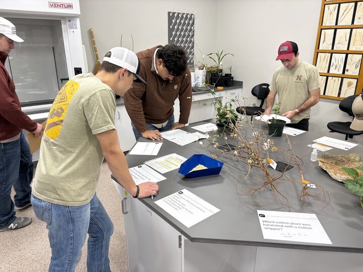 Alex Banzhaf and Ryan Groff compete in the plant/weed and seed I.D. component of the crops judging contest at Oklahoma State University.