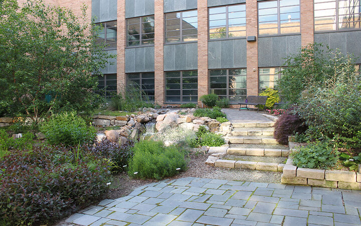 Keim Hall's renovated courtyard today.