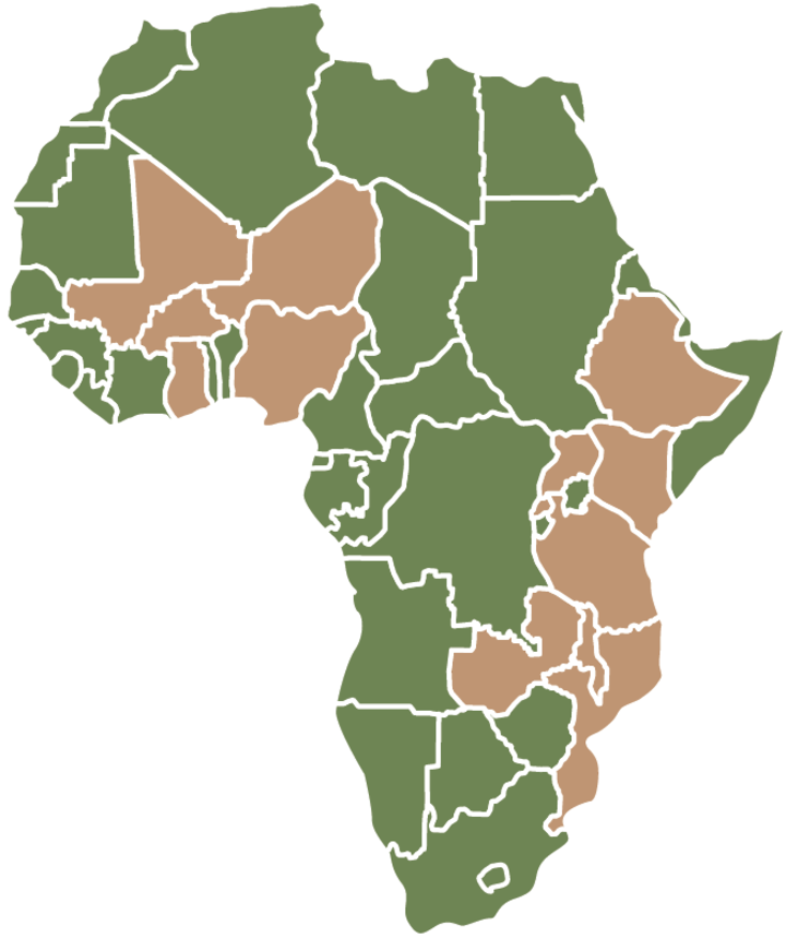 Fig. 2: Map of Africa with the 13 participating Sub-Saharan countries in brown.