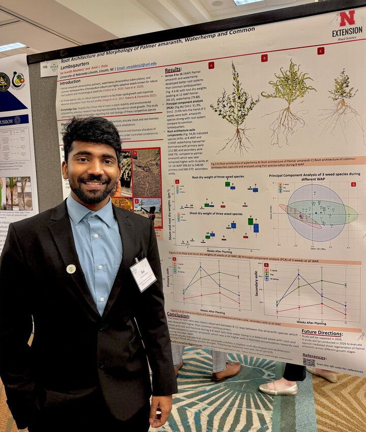 Sai Suvidh Madela, an agronomy and horticulture doctoral student, presents one of his posters on root biology of herbicide-resistant weeds, Palmer amaranth, waterhemp and common lambsquarters at the 2026 Weed Science Society of America meeting.