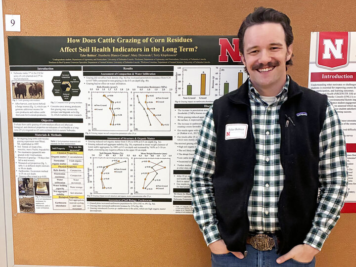 Tyler Babica, senior agronomy major, presents his UCARE research project at the Nebraska Summer Research Symposium Aug. 5 at the Nebraska Union.