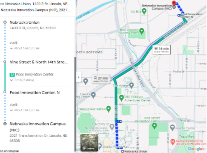 City campus to Nebraska Innovation Campus: Bus 22.