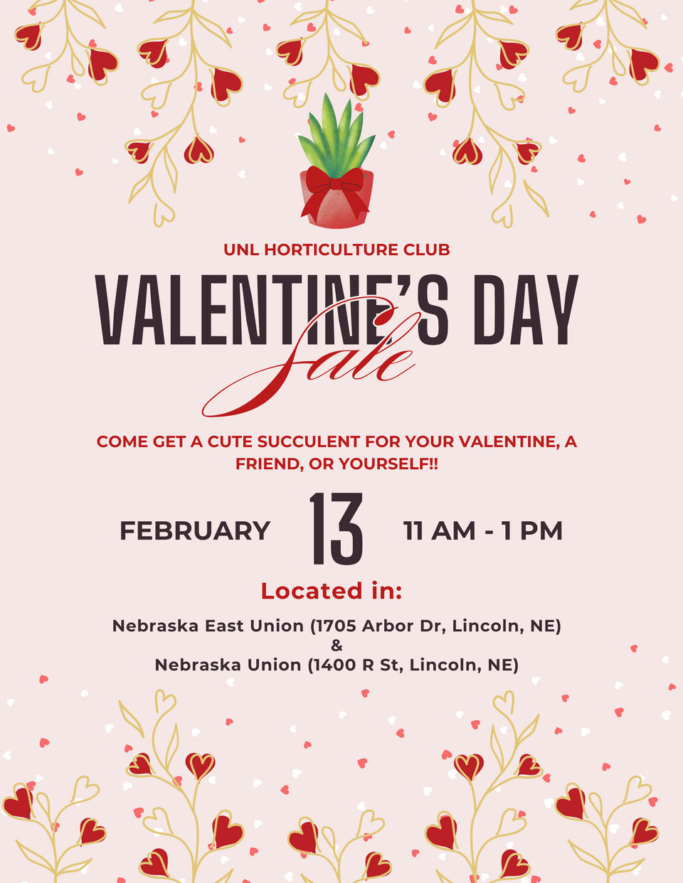 Horticulture Club Valentine's Day Sale with hearts and plant