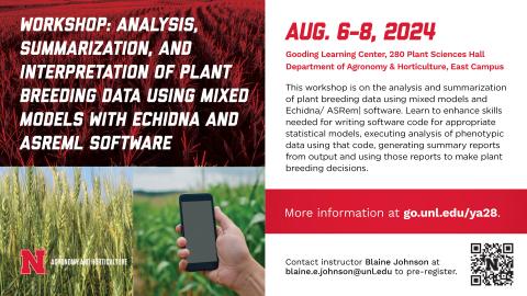 Analysis, Summarization, and Interpretation of Plant Breeding Data workshop is Aug. 6-8.