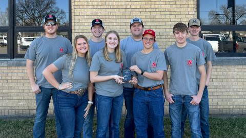 The University of Nebraska-Lincoln Crops Judging Team, including Ashton Boehm (front row, from left), Kailey Ziegler, Daniel Frey, Will Stalder, Thayer Jonak (back row, from left), Zach Neinheuser, Logan Nelson and Clinton Turnbull, took third place overall in the Regional Crops Judging Contest at Hutchinson Community College in Hutchinson, Kansas, Feb. 24.