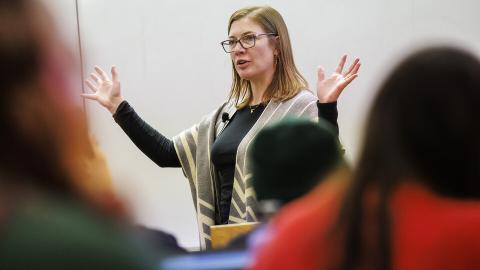 Nebraska's Jenny Keshwani talks with students as she teaches a course in Chase Hall.