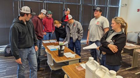 The UNL Crops Judging Team evaluates the correct answers to stations in the Agronomy Lab section of the crops judging contest March 23 at Nebraska College of Technical Agriculture in Curtis.